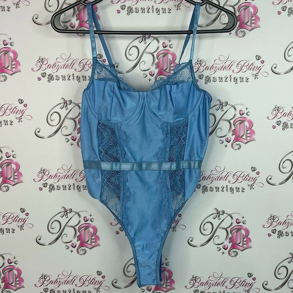 Bodysuit lace one piece tank top style sexy strappy Light Blue Shiny Bodysuit